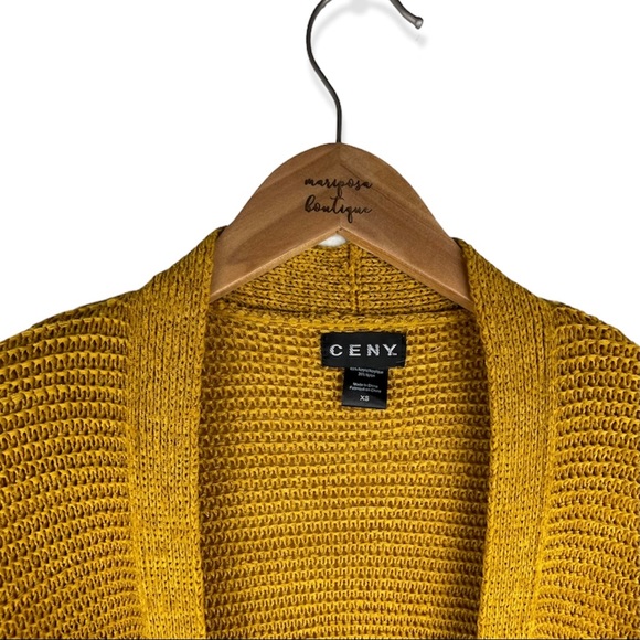 CENY Open Front Cardigan Mustard Yellow Patch Pockets Wide Sleeves - Picture 3 of 6